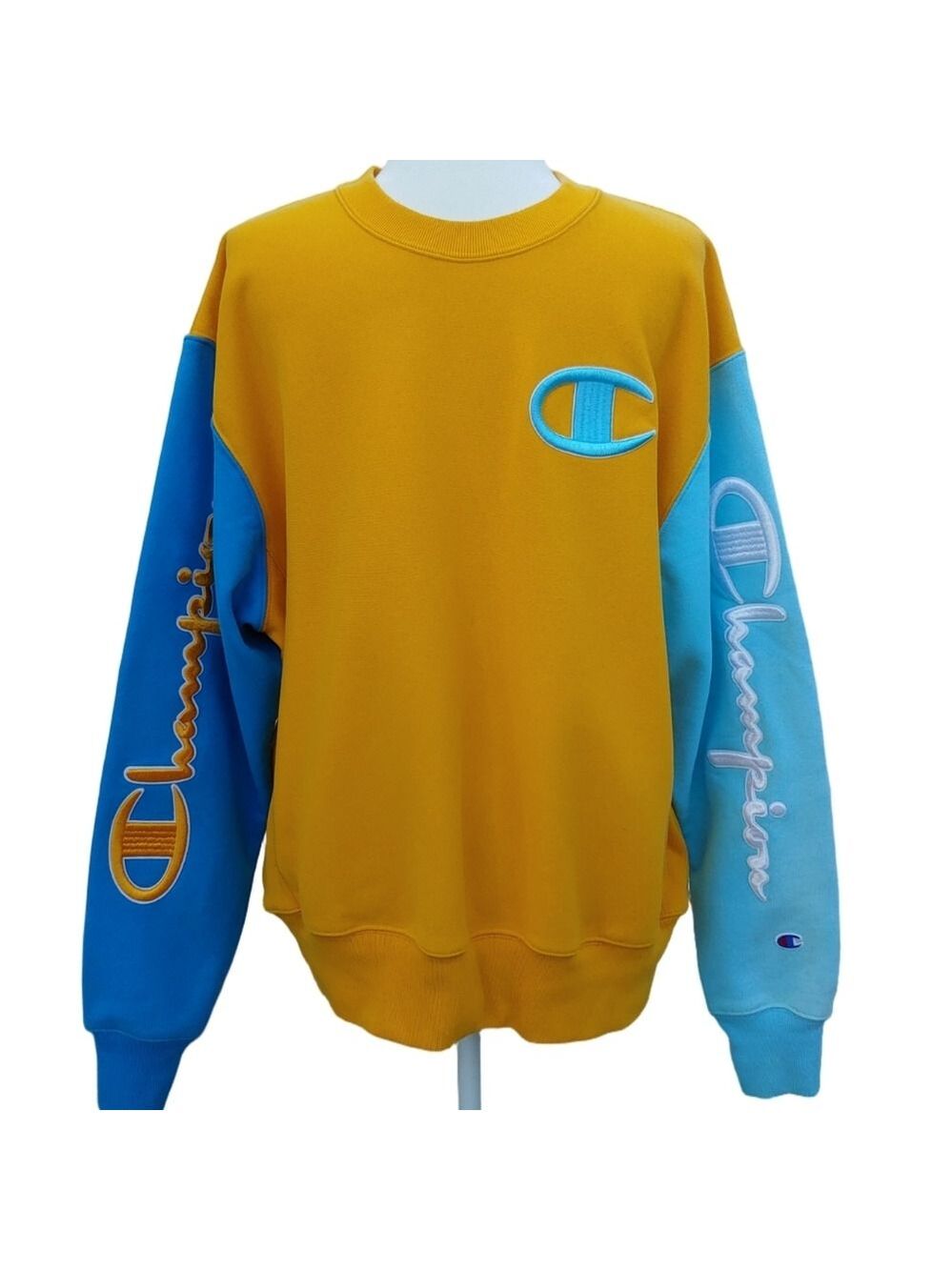 Champion Men's Embroidered Reverse Weave Crewneck in Mustard Teal size Large - Picture 3 of 15
